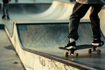 skateboarder preparing to drop into a halfpipe