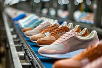 row of unfinished sneakers on a factory conveyor belt