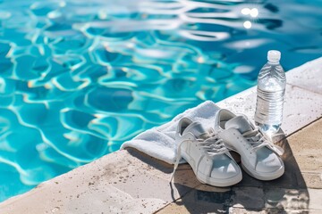 sneakers by a pool edge, clear water bottle with towel