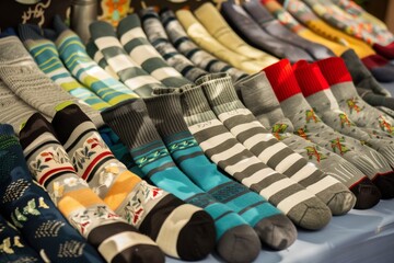 group of mismatched socks on sale clearance table - obrazy, fototapety, plakaty