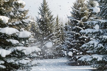 snowball fight happening in a grove of pine trees