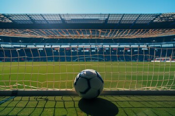 empty stadium with a single soccer ball in the net