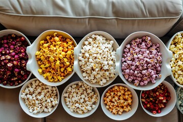 overhead view of sofa with various flavors of popcorn bowls