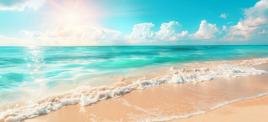 serene beach with crystal clear turquoise water and white sand under the bright blue sky - Powered by Adobe