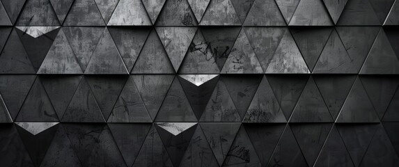Abstract black geometric background with triangle pattern, seamless texture. Modern wallpaper design for banner, poster or packaging. Dark gray metal triangles on grunge wall backdrop - obrazy, fototapety, plakaty