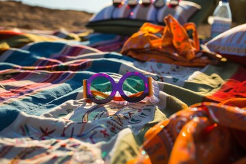 picnic setup with eclipse viewing glasses on the blanket