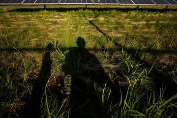 shadows cast by an individual inspecting a solar panel field