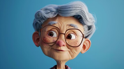 This is a 3D rendering of an elderly woman. She has gray hair, wrinkles, and age spots. She is wearing glasses and has a kind smile on her face.
