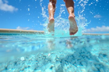person midair before splash in crystal clear pool