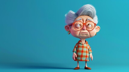 Grandma is looking over her glasses at you with a stern expression. She is wearing a red and blue plaid dress and has gray hair.