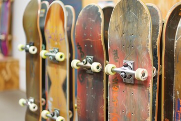 multiple skateboards displayed on vertical stand