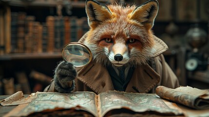 Fox as a Detective: Foxes have a reputation for being cunning and clever. - obrazy, fototapety, plakaty