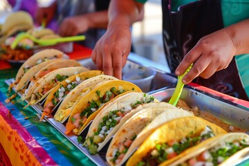 person serving tacos from colorful street stall - obrazy, fototapety, plakaty