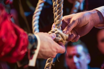 closeup of magicians hands tying knot in rope, watchers - obrazy, fototapety, plakaty