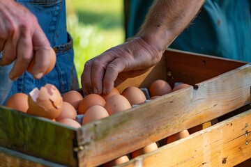 farmer collecting fresh eggs in a wooden egg box