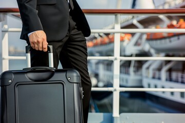 businessman holding a suitcase, cruise ship railing backdrop