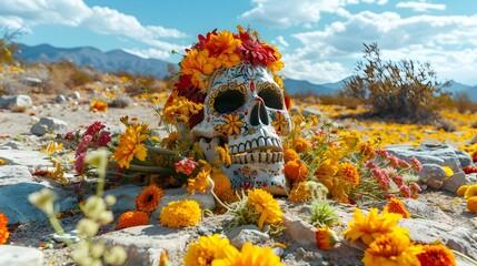 Vivid Dia de los Muertos Altar in Desert Honoring La Llorona and La Santa Muerte - obrazy, fototapety, plakaty