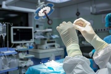 surgeon putting on sterile gloves in operating room