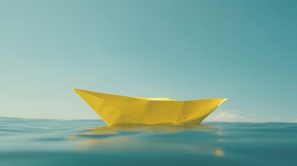 Origami Paper Boat Floating in Tranquil Blue Sky,Dreamlike Digital Art Composition