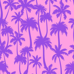 Fototapeta na wymiar Palm trees seamless pattern. Vector violet tropical jungle texture on pink background. Abstract dark palm silhouettes summer print for textile, exotic wallpapers, wrapping, fabric.