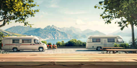 empty wooden tabletop for product display in camper van trailer parking lot with picnic table and  beautiful mountain seaside or lake landscape, concept of table top counter podium for camping ad
