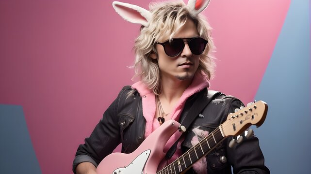 Black sunglasses are worn by the guitarist, a white bunny rocker. Pink guitar and blue jeans. studio image with a pink backdrop