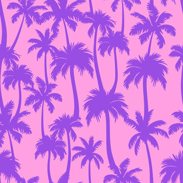 Palm trees seamless pattern. Vector violet tropical jungle texture on pink background. Abstract dark palm silhouettes summer print for textile, exotic wallpapers, wrapping, fabric.