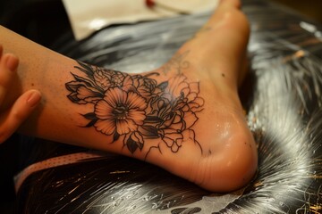 ankle tattoo being shaded with fine lines