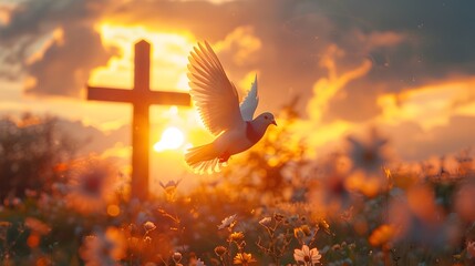 Winged Messenger of Peace Dove Soars Over Cross in Ethereal Sunset Field for Easter