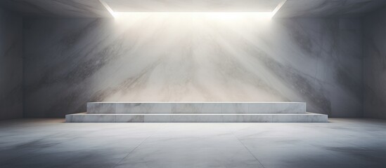 An empty room with a staircase leading upwards to a source of bright light. The room features white marble flooring and a dark abstract wall, creating a stark contrast with the illumination from above