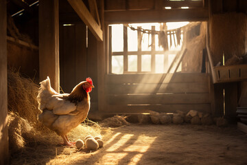Hen Standing at the Entrance of a Rustic Barn with Rays of Sunlight, Peaceful Farm Morning, Rural Life and Poultry Farming Concept