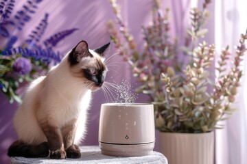 Elegant Siamese cat sitting by a humidifier with plants in background