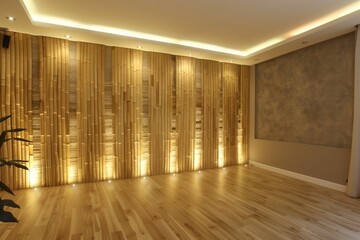 modern room with bamboo wall panels and led lights
