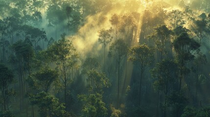 Atmosphere: A misty forest at dawn - obrazy, fototapety, plakaty