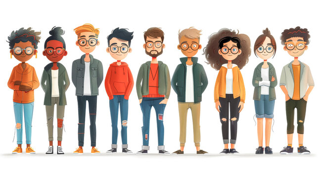 A strong work team. A group of people in comic style