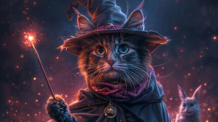 Magician Cat Performing Tricks: cat in a magician's cloak and hat, with a wand, pulling a rabbit out of a hat, against a soft pastel purple background.