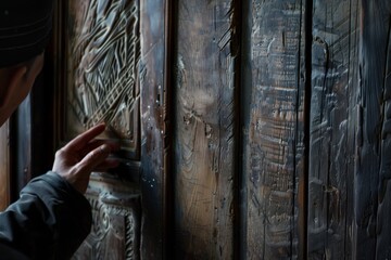 person examining wooden doors texture closely