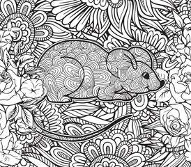 rat with mandala style coloring page for adult, mouse with a pattern background