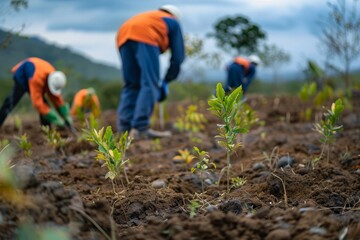 Group of workers actively planting trees in a field as part of reforestation efforts