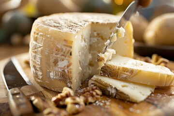 A person is seen cutting a piece of cheese with a knife in a side view composition