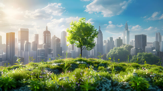 City and garden landscape with a focus on environmentally friendly concepts and energy conservation. Suitable for World Environment Day promotions and sustainability campaigns.