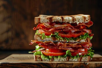Side view of a sandwich on a cutting board, featuring layers of crispy bacon, fresh lettuce, and juicy tomato