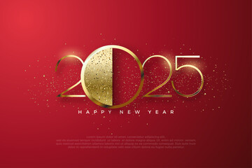 New year design 2025. With shiny thin golden numerals, red background with glow. Premium vector design for greeting and celebration of happy new year 2025.