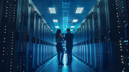 Engineers is inspecting data center. Artificial intelligence, server room, database, cloud