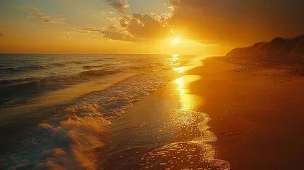 Papier Peint photo Brun Glow: A serene sunset casting a golden glow over a tranquil beach