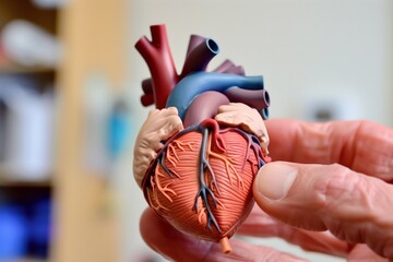 closeup of a hand holding a model human heart