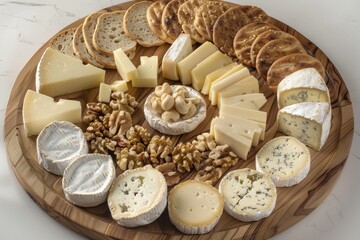 A variety of cheeses displayed on a rustic wooden platter from a top-down perspective