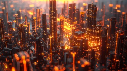 Fototapeta premium Innovative cityscape with glowing data points and bar graphs represents tech innovation