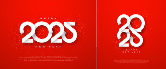 Clean design of Happy New Year 2025 with unique white numbers in the red background. Premium vector design for greetings and celebration of Happy New Year 2025.