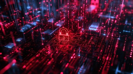 Fototapeta na wymiar Glowing red padlock symbol on futuristic cyber digital background for cybersecurity concept.